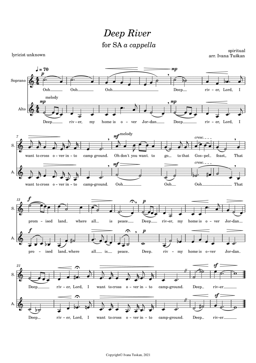 Deep river, easy duet for solo voices  SA or 2 – part choir a cappella (arr. Ivana Tuskan)