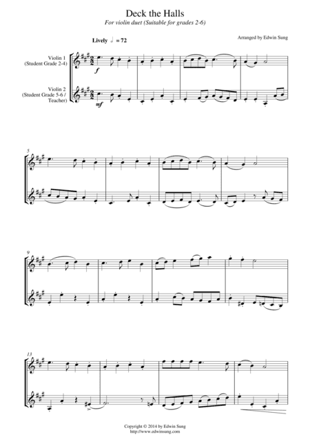 Deck the Halls (for violin duet, suitable for grades 2-6) (arr. Edwin Sung)