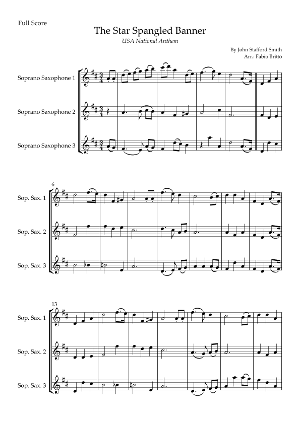 The Star Spangled Banner (USA National Anthem) for Soprano Saxophone Trio (arr. Fabio Britto)
