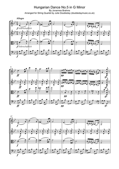 Brahms: Hungarian Dance No.5 in G Minor for String Quartet - Score and Parts (arr. Julie Doubleday)