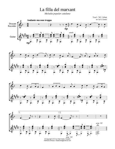 La filla de marxant for descant recorder and guitar (arr. K. Krantz)