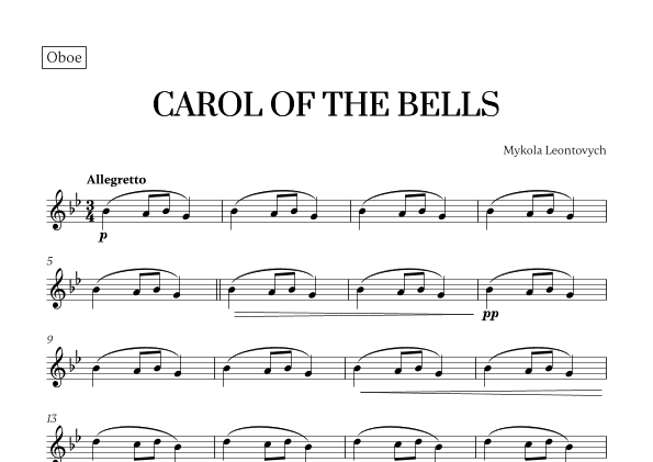 Carol of the Bells (Very Easy/Beginner) (for Oboe) (arr. Cadenza Editions)