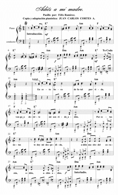 Adiós a mi madre. Pasillo por Félix Ramírez (arr. Juan Carlos Cortés A.)