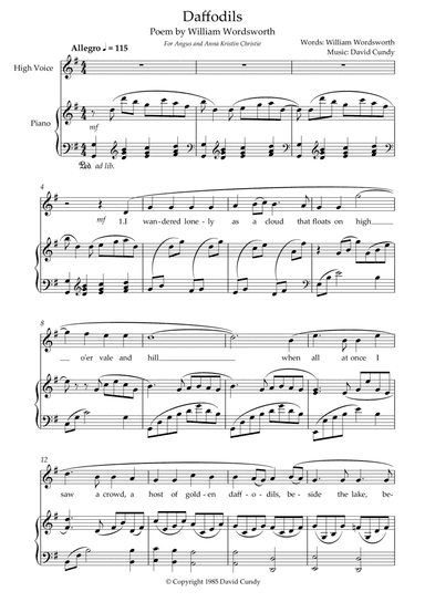 Daffodils, Op. 12.  Poem by William Wordsworth set for high voice or children's choir - piano reduct