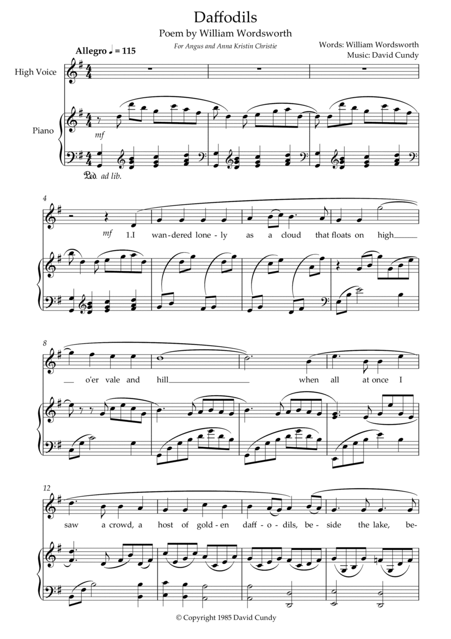 Daffodils, Op. 12.  Poem by William Wordsworth set for high voice or children's choir - piano reduct