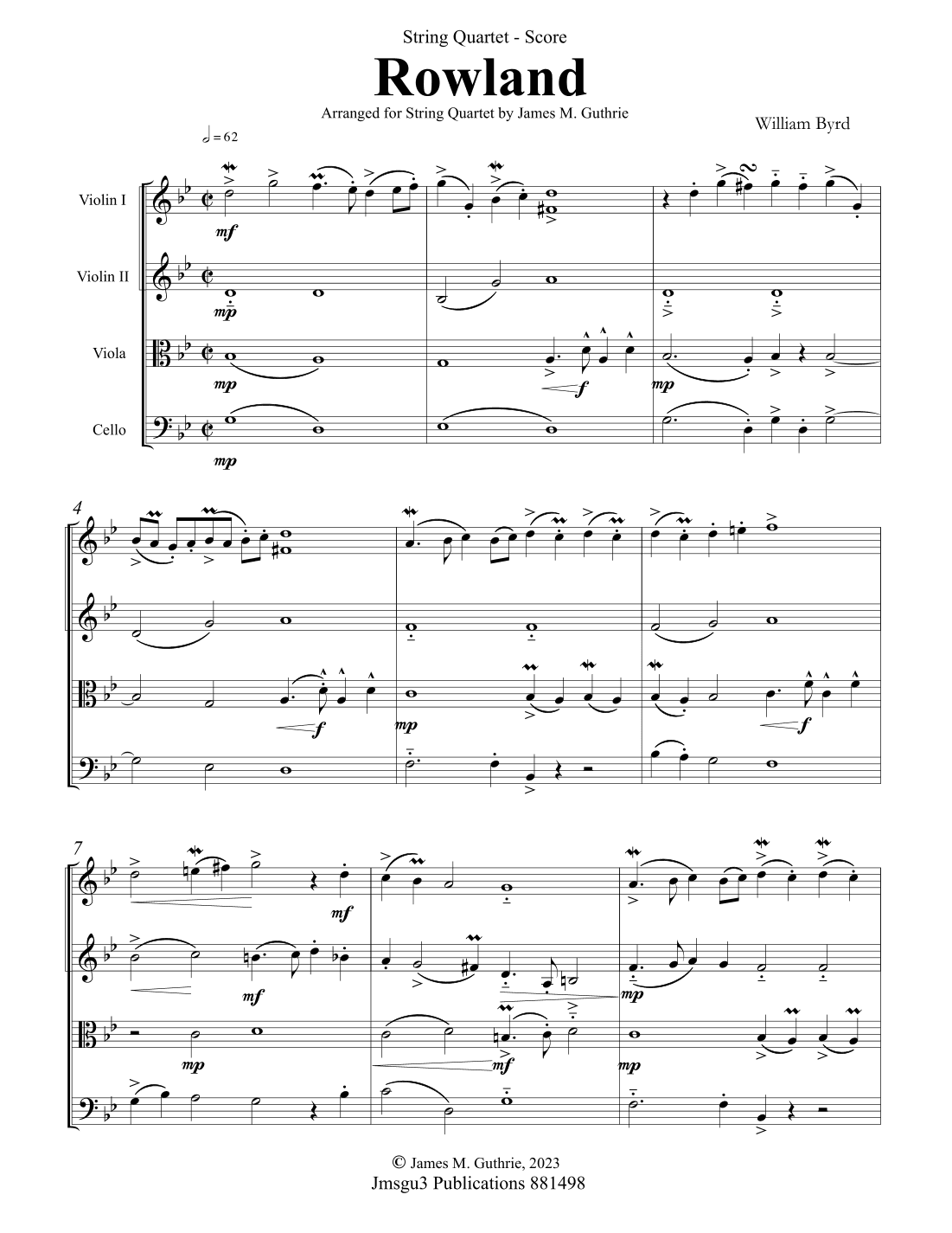 Byrd: Rowland for String Quartet - Score Only (arr. James M. Guthrie)