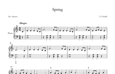 spring easy piano sheet music a. vivaldi for beginners (arr. Arezzo Music)
