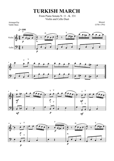 Turkish March - Violin and Cello (with bowings) (arr. Valdir Maia)