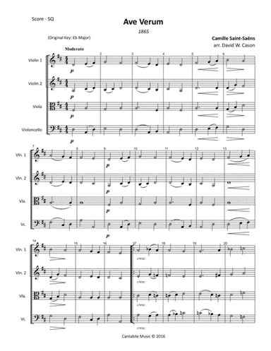 Ave verum ICS 22 (1865) (Saint-Saëns) STRING QUARTET (arr. David W. Cason)