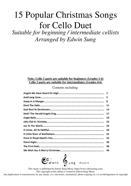 15 Popular Christmas Songs for Cello Duet (Suitable for beginning / intermediate cellists) (arr. Edwin Sung)
