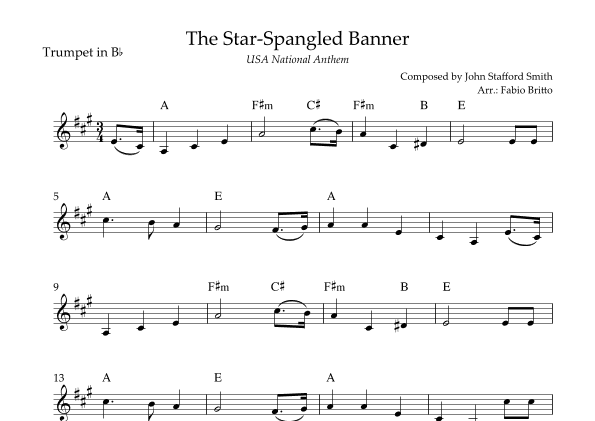The Star Spangled Banner (USA National Anthem) for Trumpet in Bb Solo with Chords (G Major) (arr. Fabio Britto)