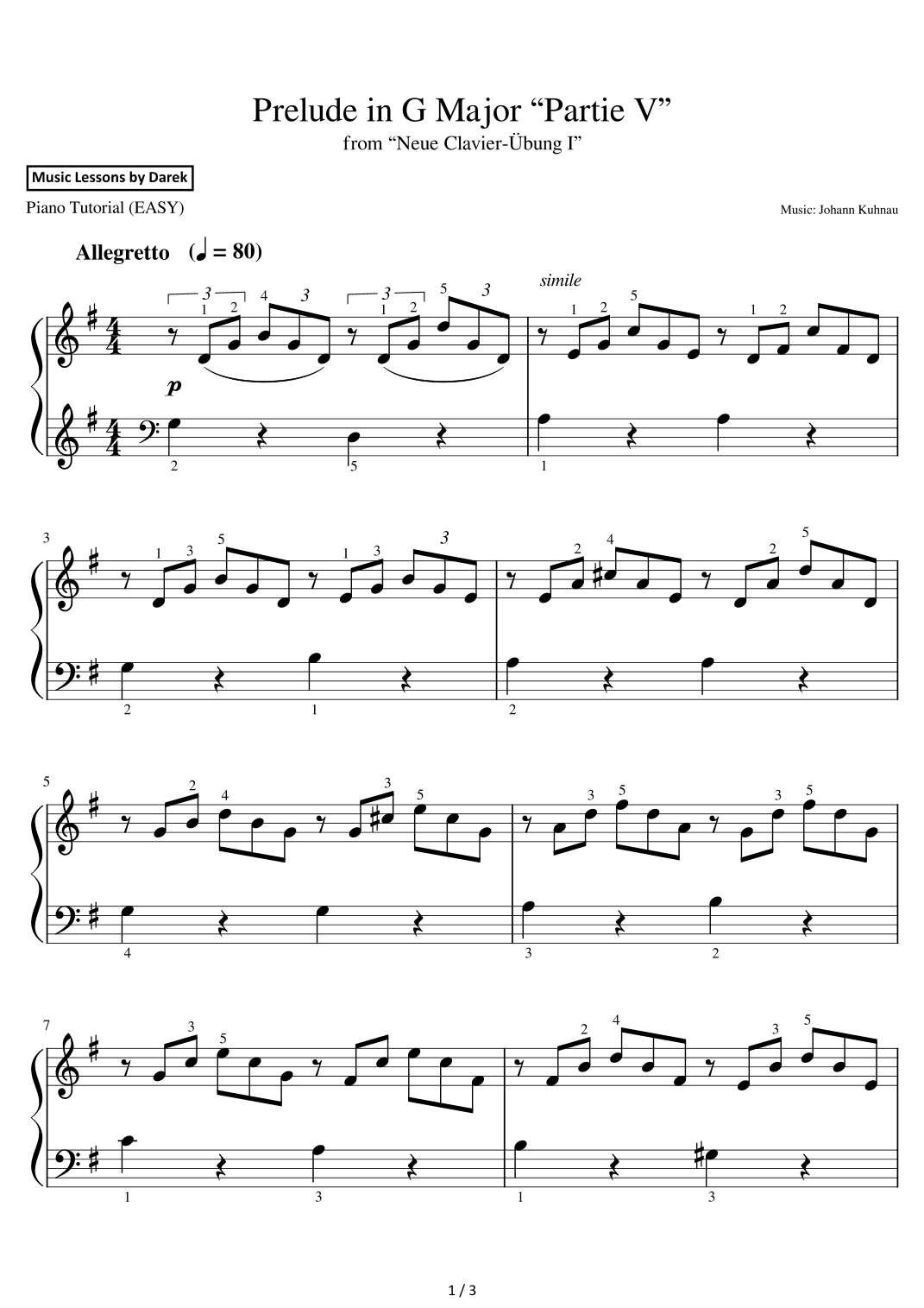 Prelude in G Major “Partie V” (EASY PIANO) from “Neue Clavier-Übung I” [Johann Kuhnau] (arr. Darek)