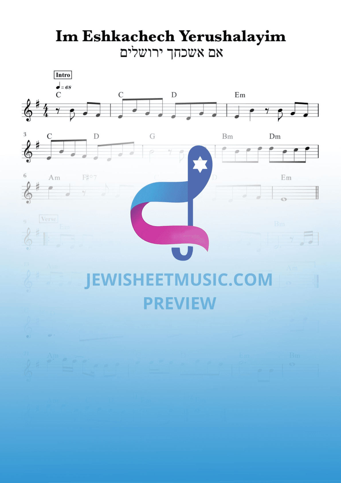Im Eshkachech Yerushalayim. Melody with chords (arr. R. Sloboder)