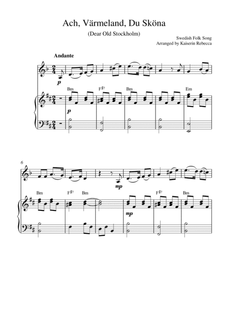 Ach, Värmeland, Du Sköna (Dear Old Stockholm) (for clarinet in A solo and piano accompaniment) (arr. Kaiserin Rebecca)