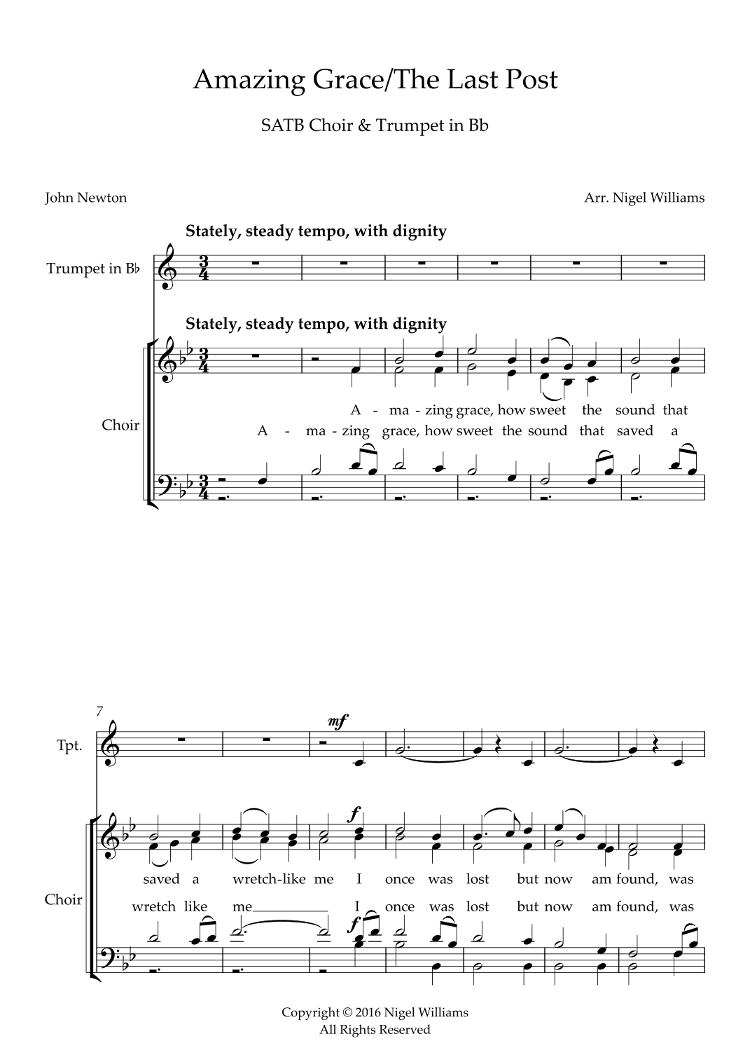 Amazing Grace, with The Last Post, for SATB Choir and Trumpet in Bb (arr. Nigel Williams)
