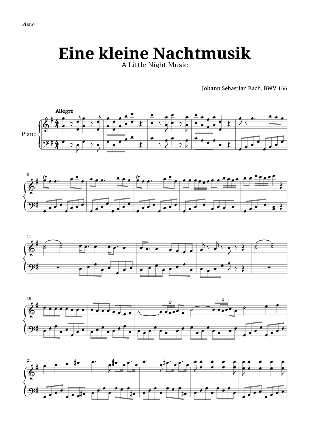 Eine kleine Nachtmusik by Mozart for Piano (arr. Langanho)