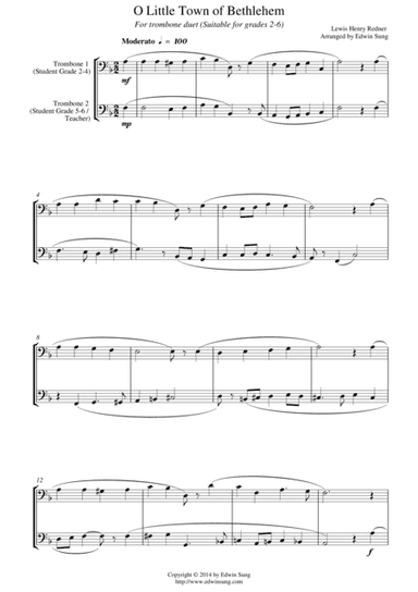 O Little Town of Bethlehem (for trombone duet, suitable for grades 2-6) (arr. Edwin Sung)