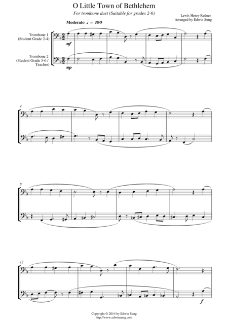 O Little Town of Bethlehem (for trombone duet, suitable for grades 2-6) (arr. Edwin Sung)