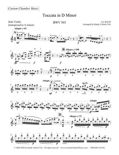 Bach Toccata in D Minor, BWV 565 (solo violin) (arr. Randy Calistri-Yeh)