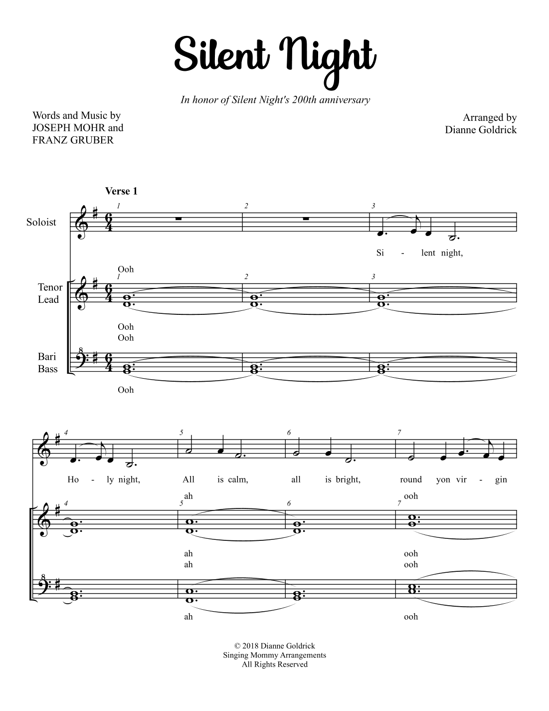 Silent Night, Women's Barbershop plus solo (arr. Dianne Goldrick)