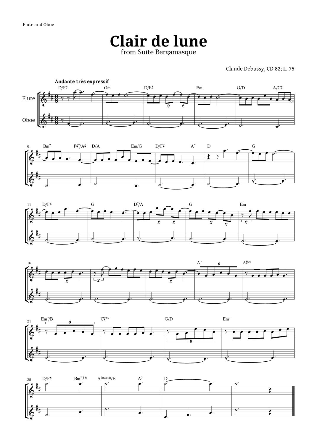 Clair de Lune by Debussy for Flute and Oboe (arr. Langanho)