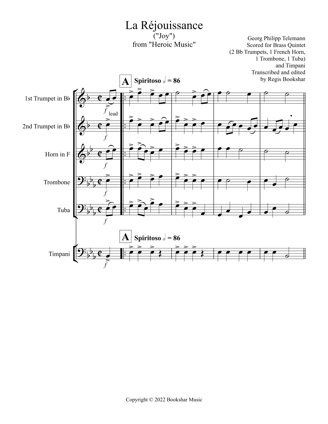 La Rejouissance (from "Heroic Music") (Eb) (Brass Quintet - 2 Trp, 1 Hrn, 1 Trb, 1 Tuba, Timp) (arr. Regis Bookshar)