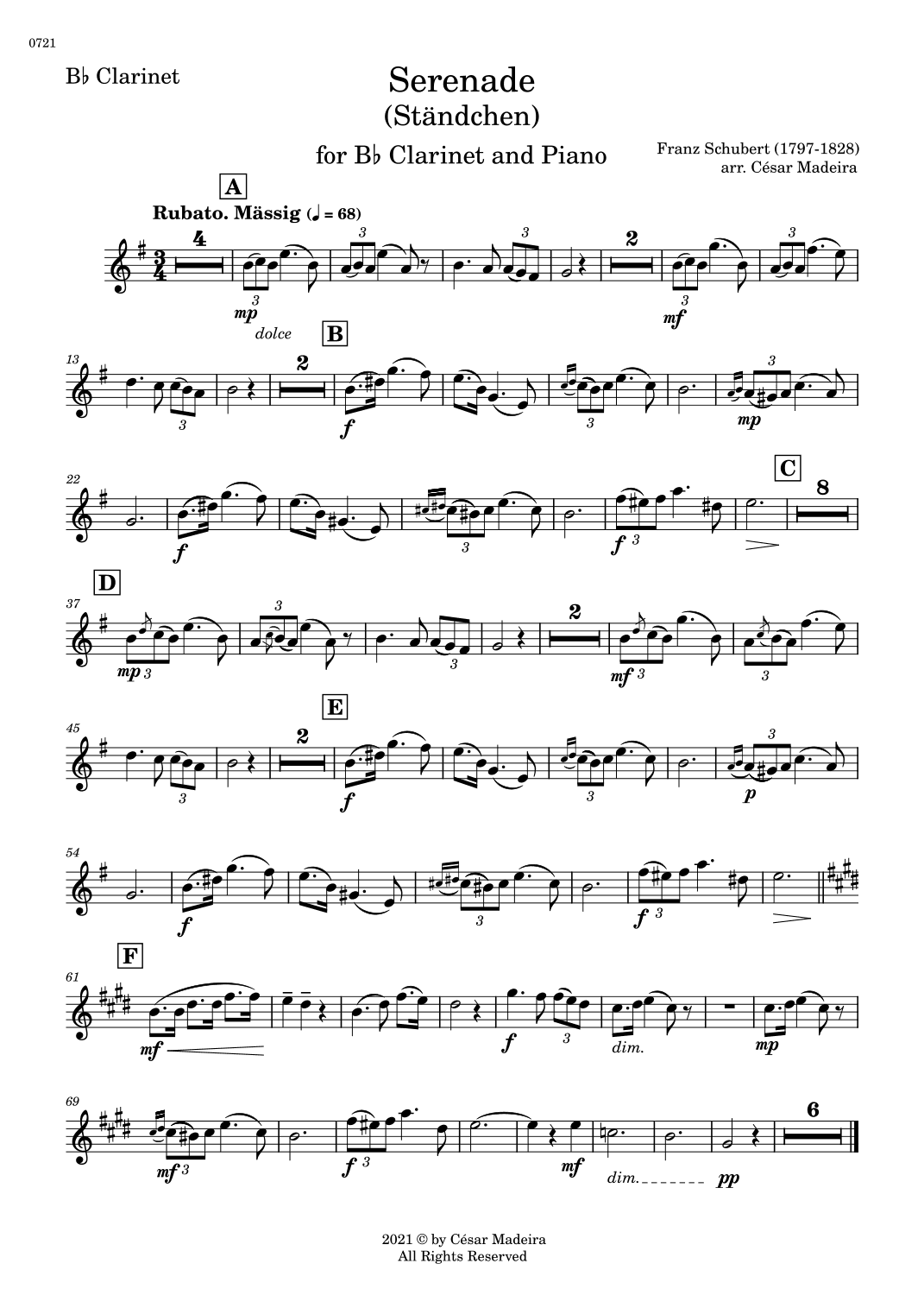 Serenade (D.975) by Schubert - Bb Clarinet and Piano (Individual Parts) (arr. César Madeira)