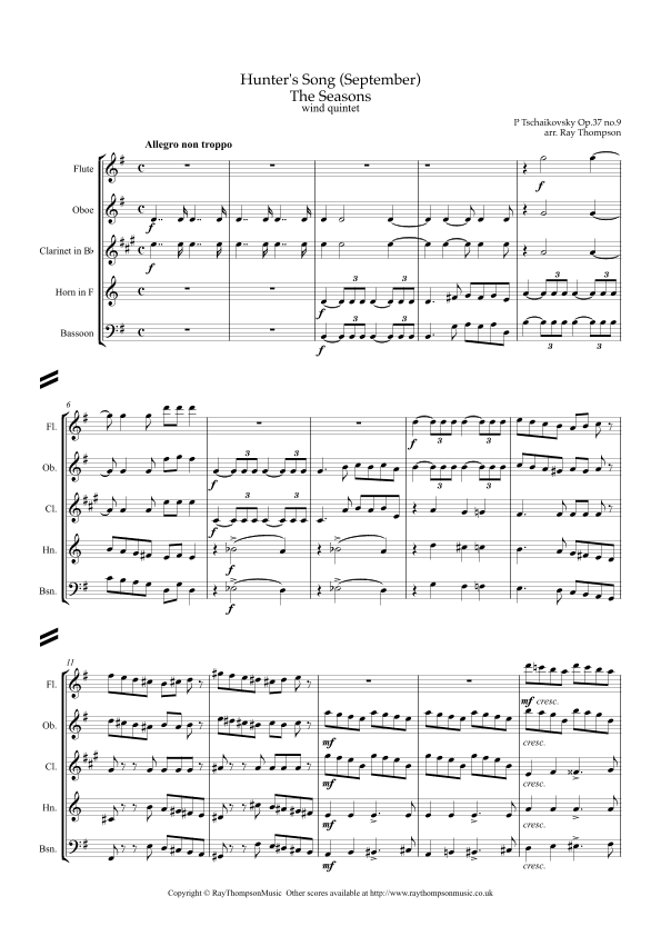 Tchaikovsky: The Seasons Op.37a No.9 September (Hunter's Song) - wind quintet (arr. Ray Thompson)