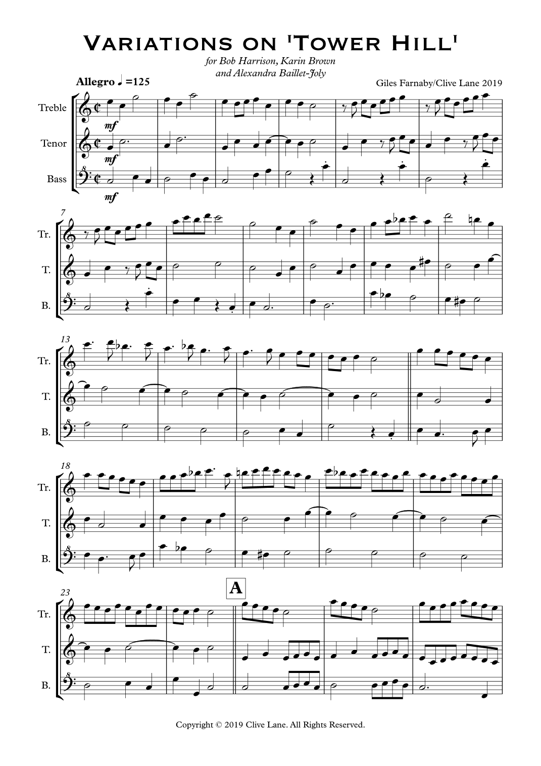 Variations on 'Tower Hill' for recorder trio (tr/t/b)