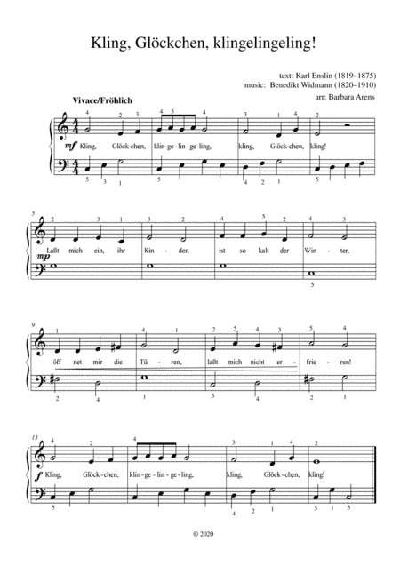Kling, Glöckchen klingelingeling Easy Piano with text and fingering (arr. Barbara Arens)