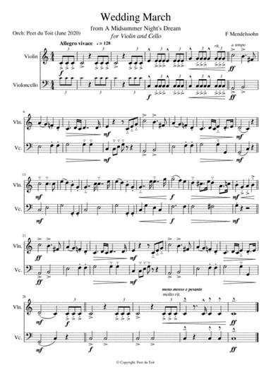 Wedding March from A Midsummer Night's Dream, Op. 61 - F Mendelssohn (Violin & Cello) excerpt (arr. Peet du Toit)