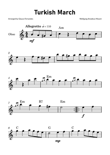 Turkish March by Mozart - Oboe Solo with Chord Notations (arr. Glauco Fernandes)