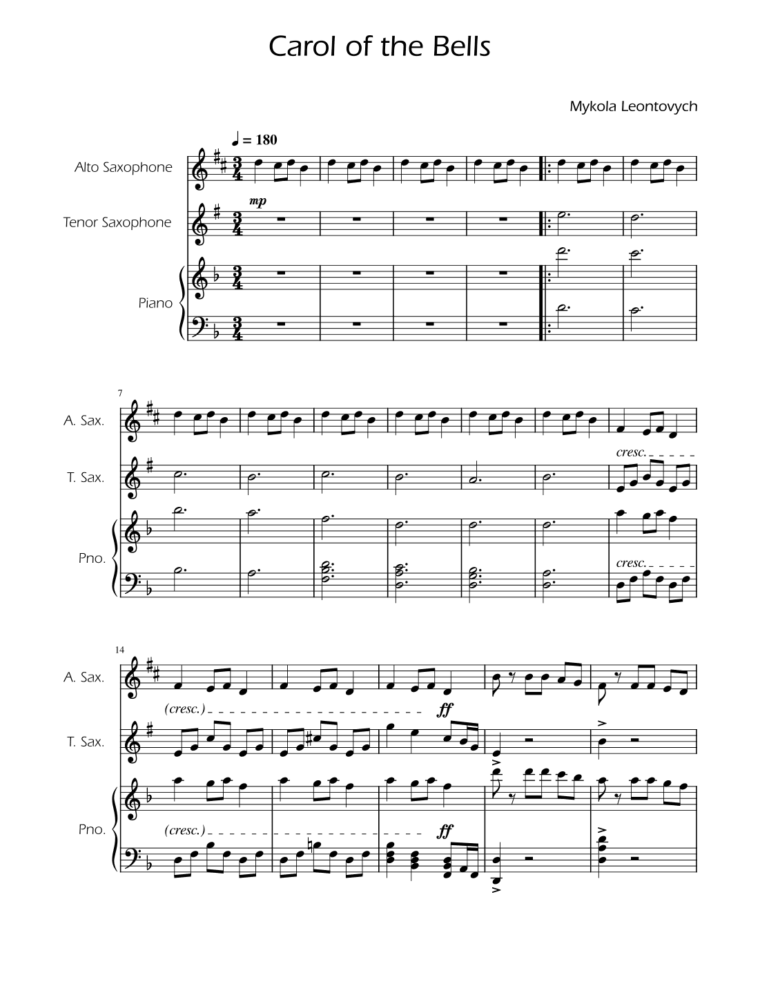 Carol of the Bells - Sax Duet w/ Piano (arr. Ygor Nunes)