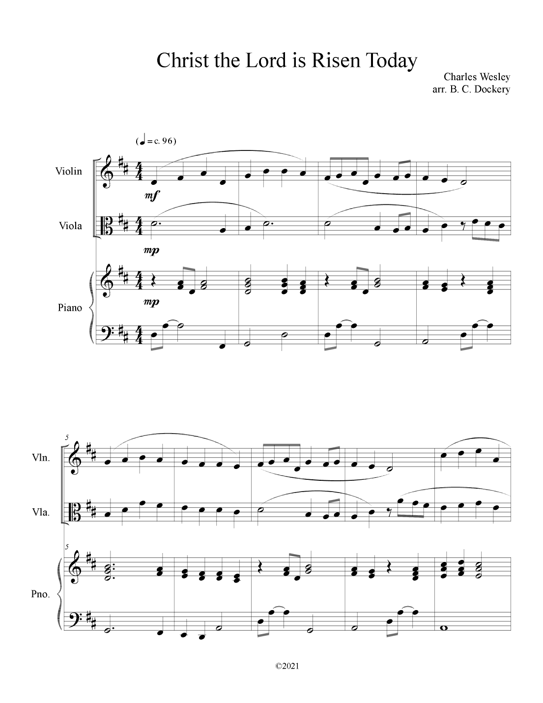 Christ the Lord is Risen Today (Violin and Viola Duet with Piano Accompaniment) (arr. B. C. Dockery)