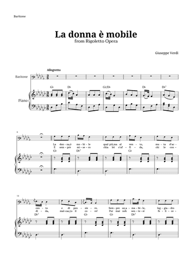La donna è mobile in G-flat major for Baritone and Piano (arr. Langanho)