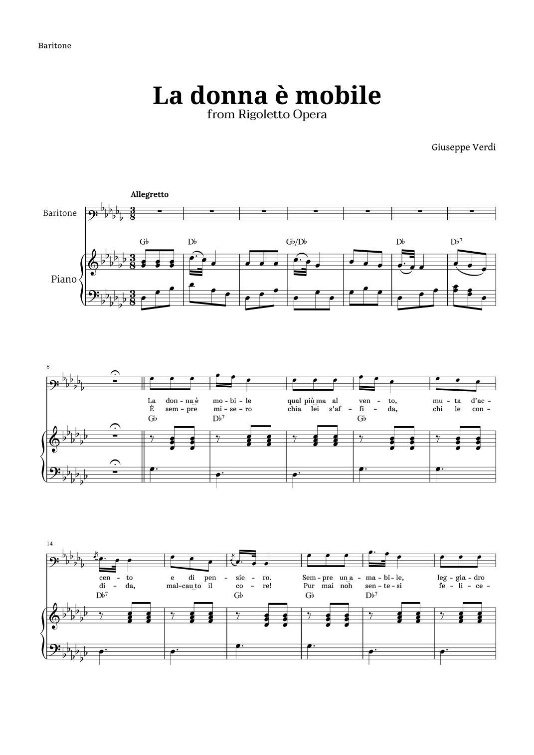 La donna è mobile in G-flat major for Baritone and Piano (arr. Langanho)