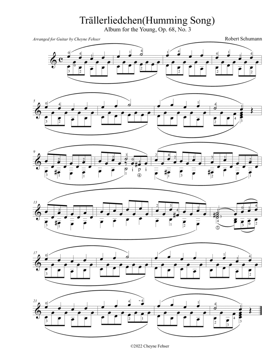 Humming Song(Trällerliedchen) - Robert Schumann, Arranged for Solo Guitar. (arr. Cheyne Fehser)