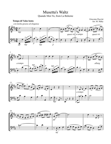 Musetta's Waltz from La Boheme, for violin and cello duet (arr. Marion Maby)