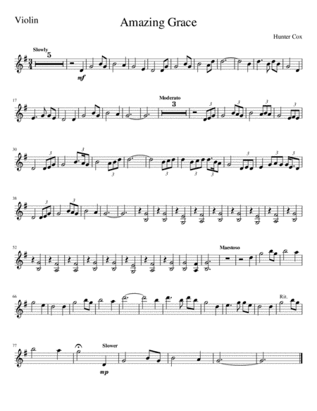 Amazing Grace, for violin and piano (arr. Hunter Cox)