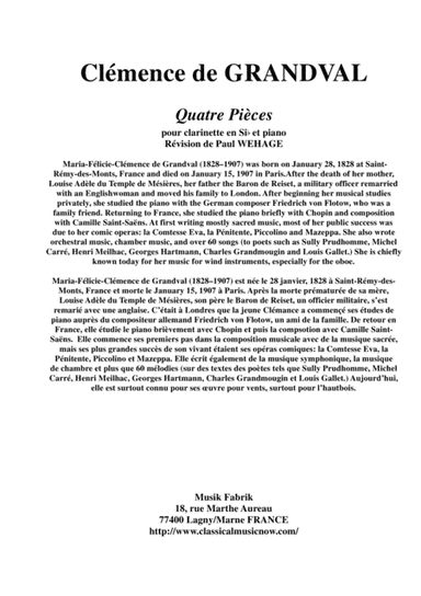 Clémenace de Grandval: Quatre Pièces (Four Pieces) for Bb clarinet and pIano (arr. Musik Fabrik Music Publishing)