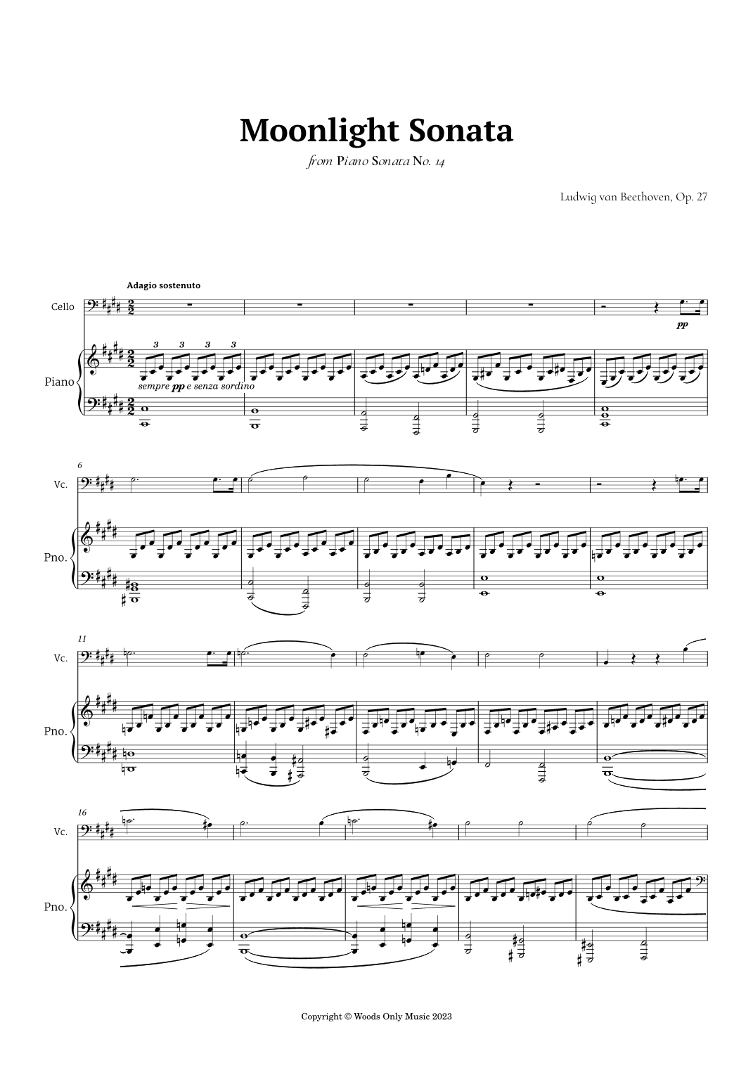 Moonlight Sonata by Beethoven for Cello and Piano (arr. Ander)