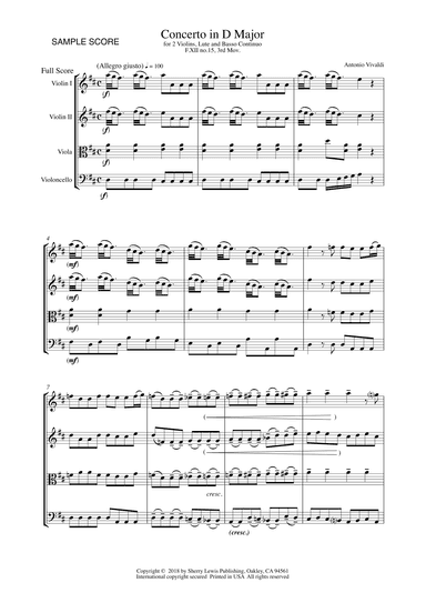 CONCERTO IN D MAJOR FOR 2 VIOLINS, LUTE AND BASSO CONTINUO, F.XII NO.15, 3rd Mov. STRING QUARTET (arr. Sherry Lewis)