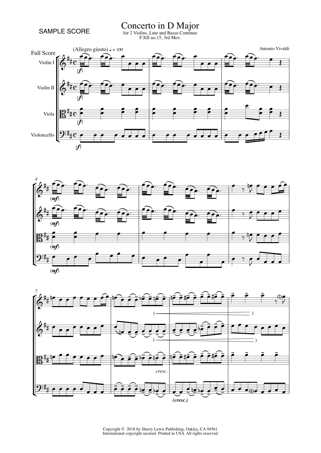 CONCERTO IN D MAJOR FOR 2 VIOLINS, LUTE AND BASSO CONTINUO, F.XII NO.15, 3rd Mov. STRING QUARTET (arr. Sherry Lewis)