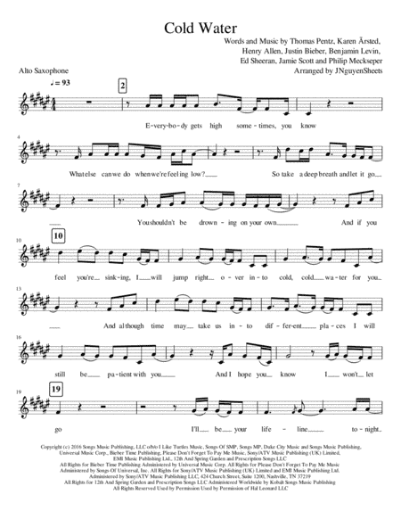 Cold Water (arr. JNguyenSheets)