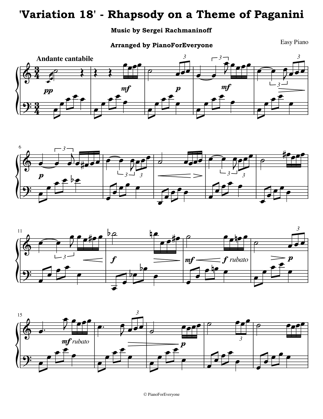 'Variation 18' from Rhapsody on a Theme of Paganini - Rachmaninoff (Easy Piano) (arr. PianoForEveryone)