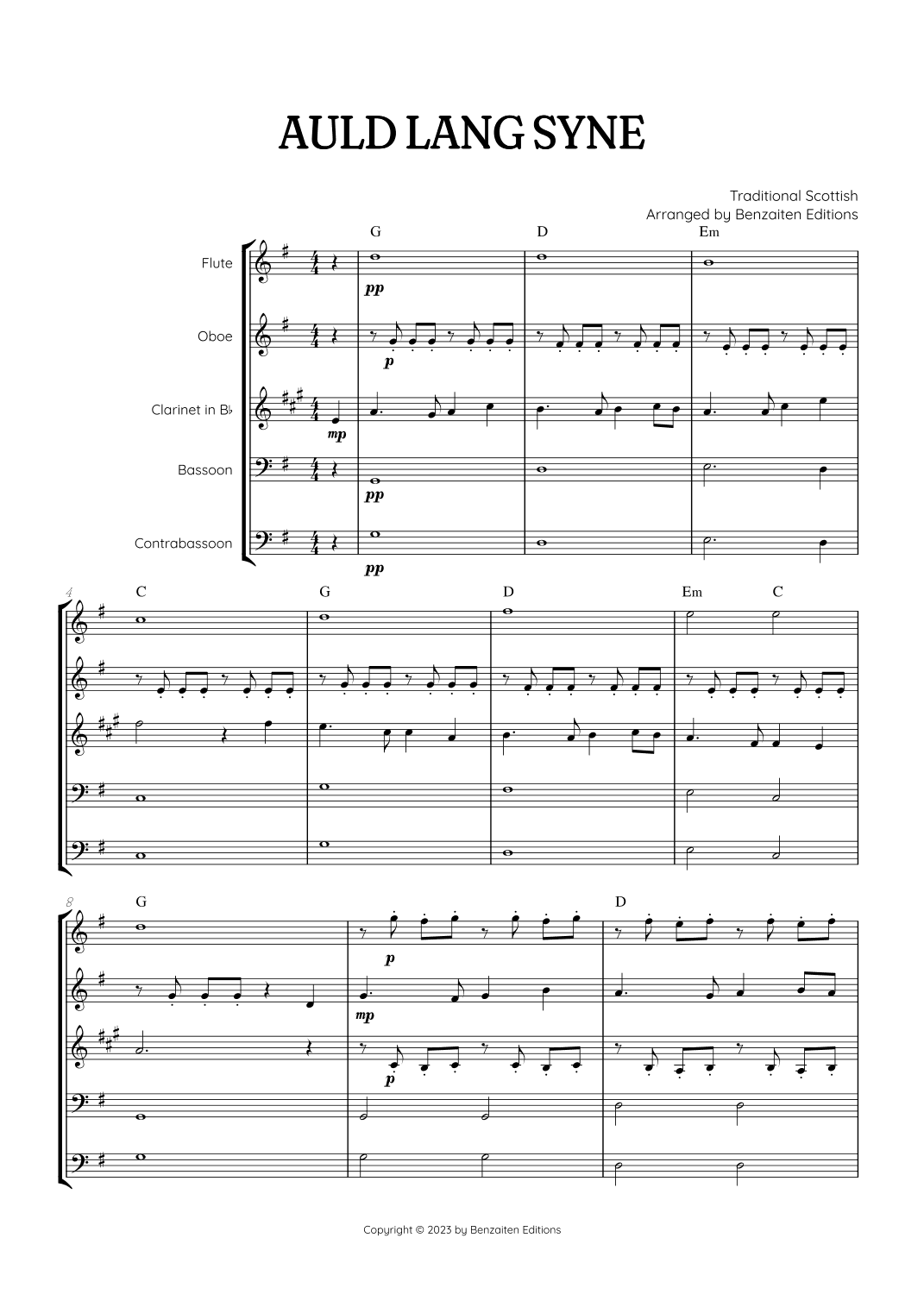 Auld Lang Syne • New Year's Anthem | Woodwind Quintet sheet music with chords (arr. Benzaiten Editions)