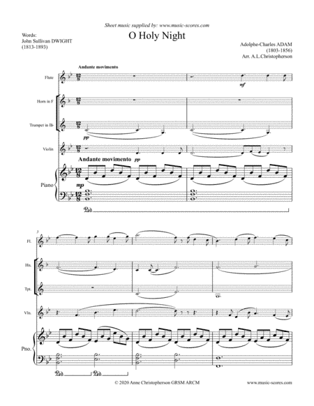 O Holy Night; Cantique de Noel - Flute,French Horn, Trumpet, Violin and Piano (arr. Anne L Christopherson GRSM ARCM)