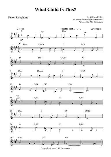 What Child Is This? - Tenor Saxophone Solo with Chords (arr. P.H. Damasceno)