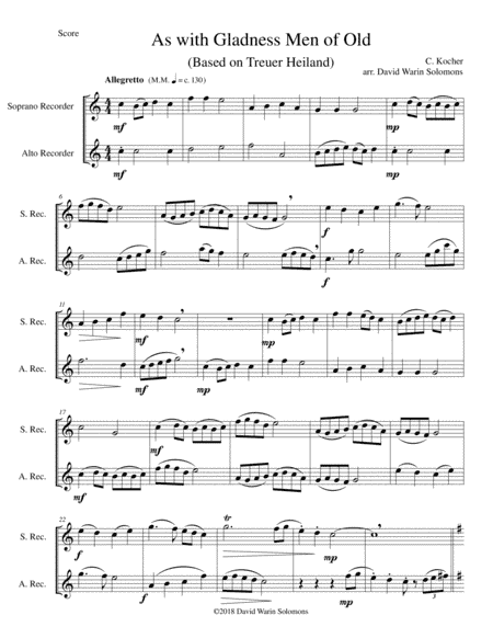 Variations on As with gladness men of old (Treuer Heiland, wir sind da) soprano and alto recorders (arr. David Warin Solomons)
