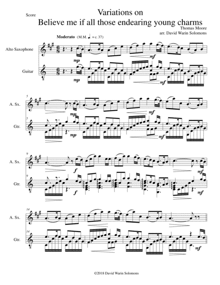 Variations on Believe me if all those endearing young charms for alto saxophone and guitar (arr. David Warin Solomons)
